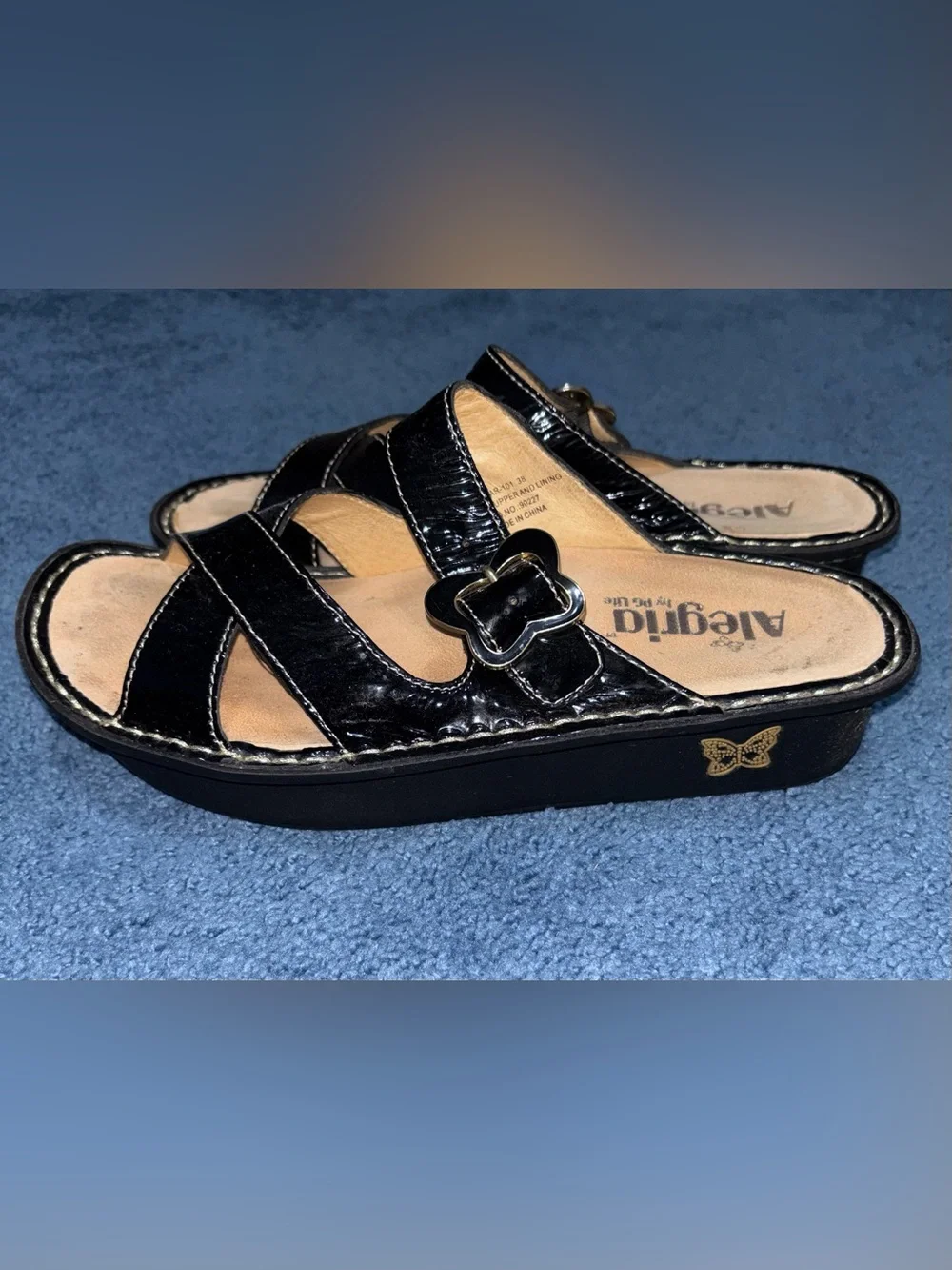 Alegria Black Patent Leather Crisscross Butterfly Slide Sandals